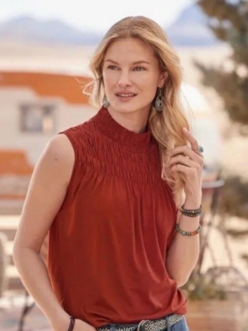 Sundance Sleeveless Smocked Neck Tank Top - Rust